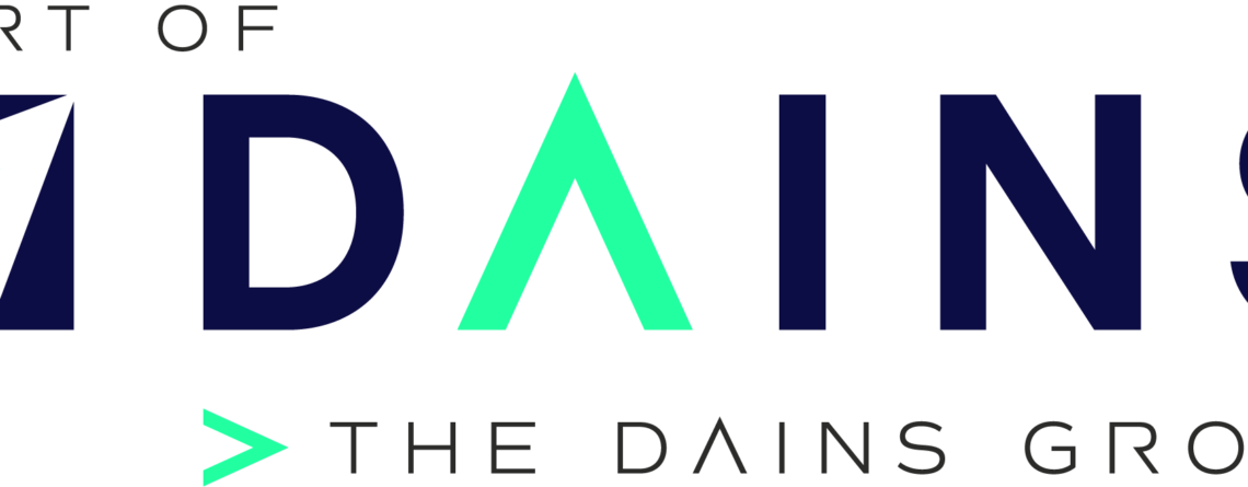 Logo showing the text 'PART OF' above a dark 'ADAMS' wordmark with a turquoise triangular 'A' in the middle and a turquoise '>' followed by 'THE DAINS GROUP' beneath.