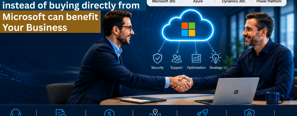Two businessmen shake hands across a table with a glowing cloud graphic and Microsoft partner logos in the background.