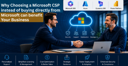 Two businessmen shake hands across a table with a glowing cloud graphic and Microsoft partner logos in the background.