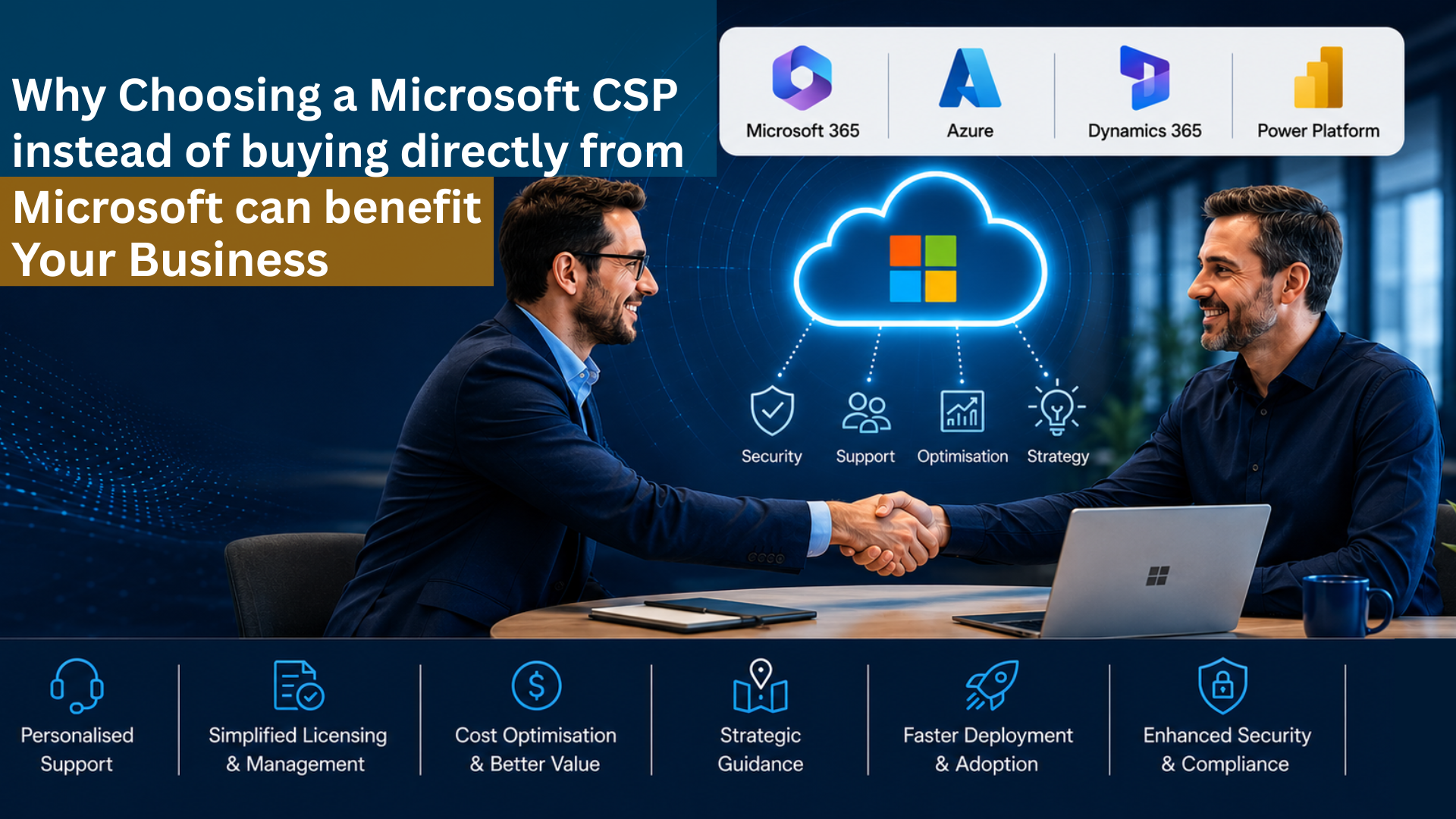 Two businessmen shake hands across a table with a glowing cloud graphic and Microsoft partner logos in the background.