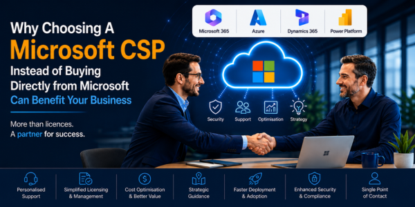Advertisement banner promoting Microsoft CSP with two businessmen shaking hands across a table, a blue cloud icon, and Microsoft logos (Microsoft 365, Azure, Dynamics 365, Power Platform); text emphasizes choosing a Microsoft CSP and partner benefits.