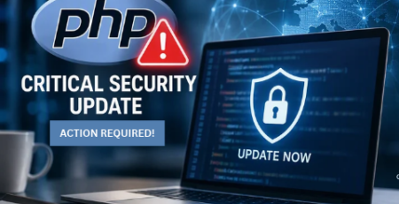 PHP logo with a critical security update alert; 'Action Required' and 'Update Now' shown on a laptop screen beneath a world-globe background