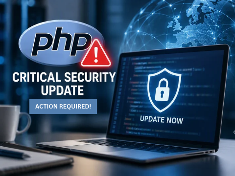 PHP logo with a critical security update alert; 'Action Required' and 'Update Now' shown on a laptop screen beneath a world-globe background